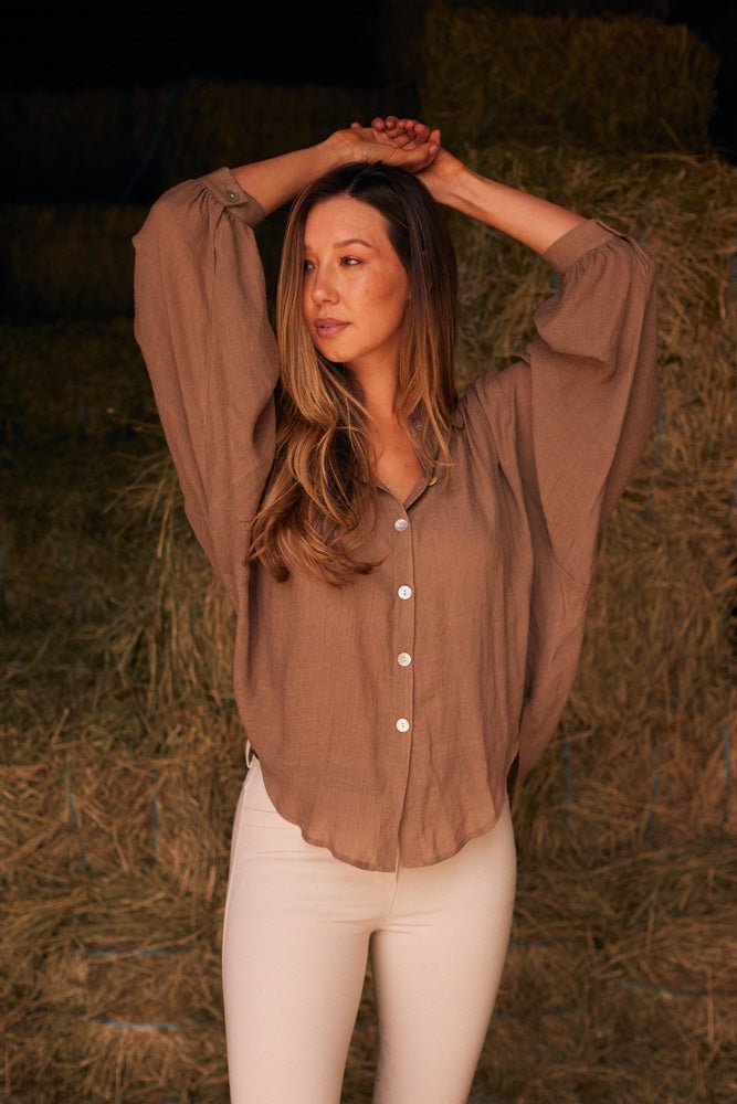 Solid Citizen Equestrian 'Lee' | Mandarin Collar Button Blouse | Toasted Almond - Equiluxe Tack