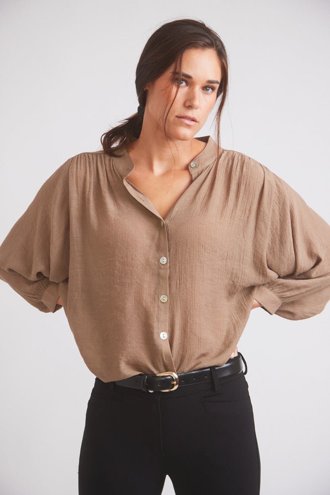 Solid Citizen Equestrian 'Lee' | Mandarin Collar Button Blouse | Toasted Almond - Equiluxe Tack
