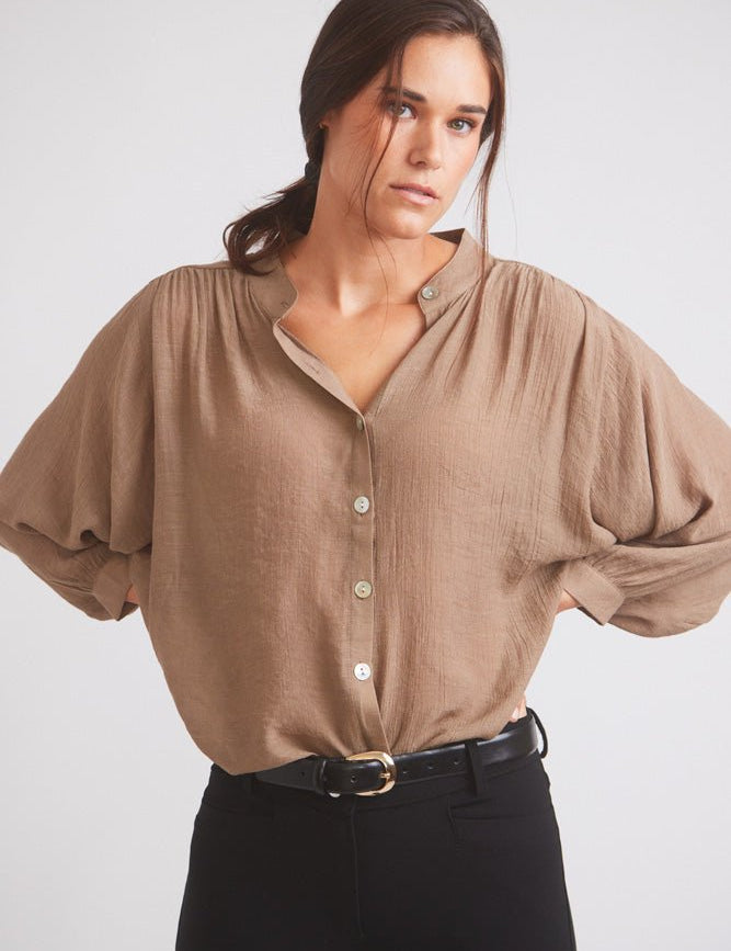 Solid Citizen Equestrian 'Lee' | Mandarin Collar Button Blouse | Toasted Almond - Equiluxe Tack