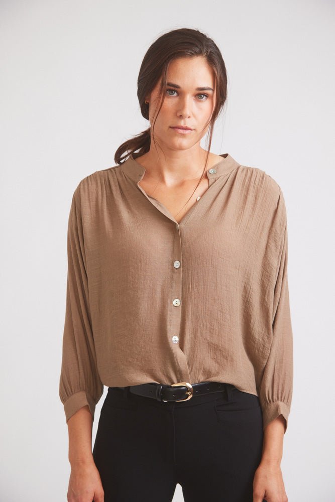 Solid Citizen Equestrian 'Lee' | Mandarin Collar Button Blouse | Toasted Almond - Equiluxe Tack
