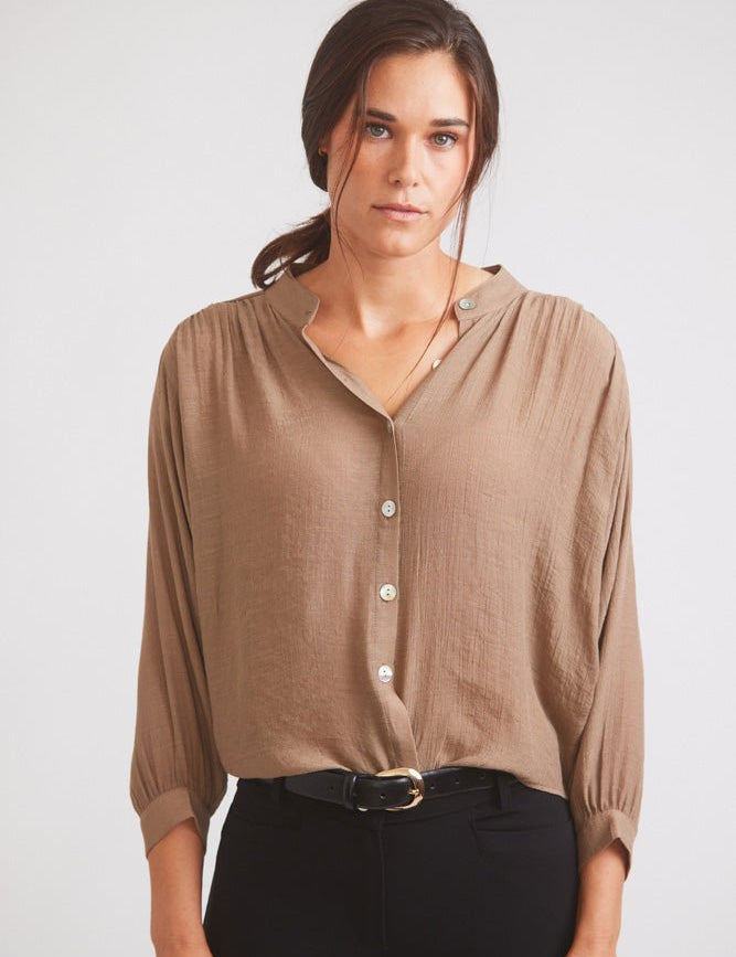 Solid Citizen Equestrian 'Lee' | Mandarin Collar Button Blouse | Toasted Almond - Equiluxe Tack