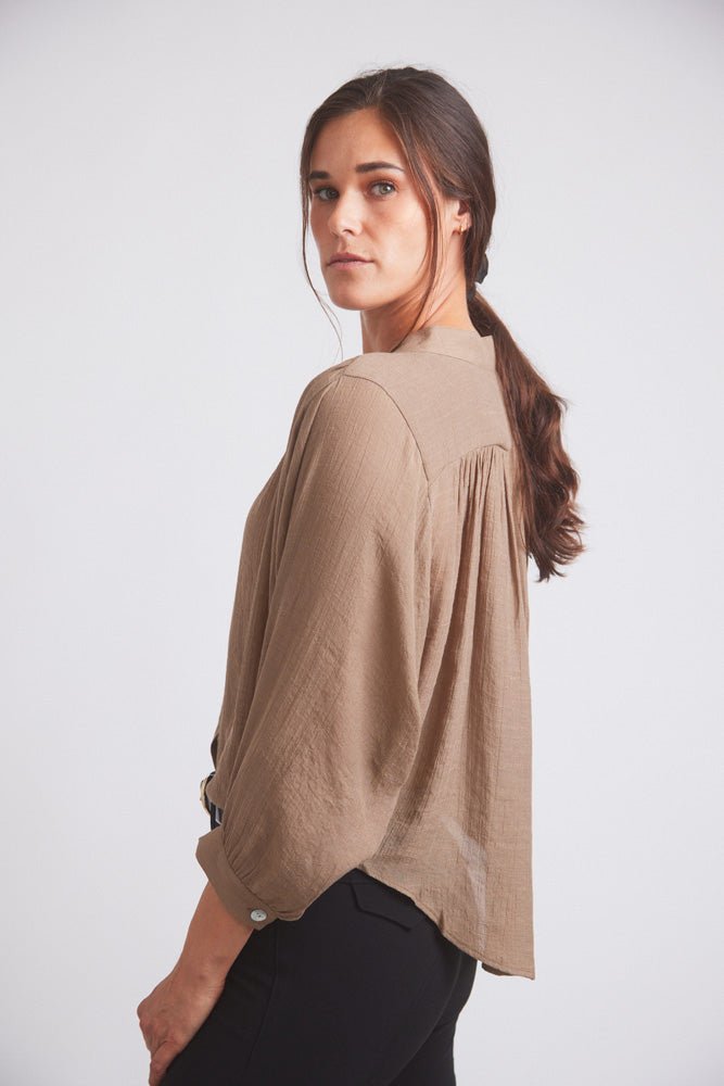 Solid Citizen Equestrian 'Lee' | Mandarin Collar Button Blouse | Toasted Almond - Equiluxe Tack