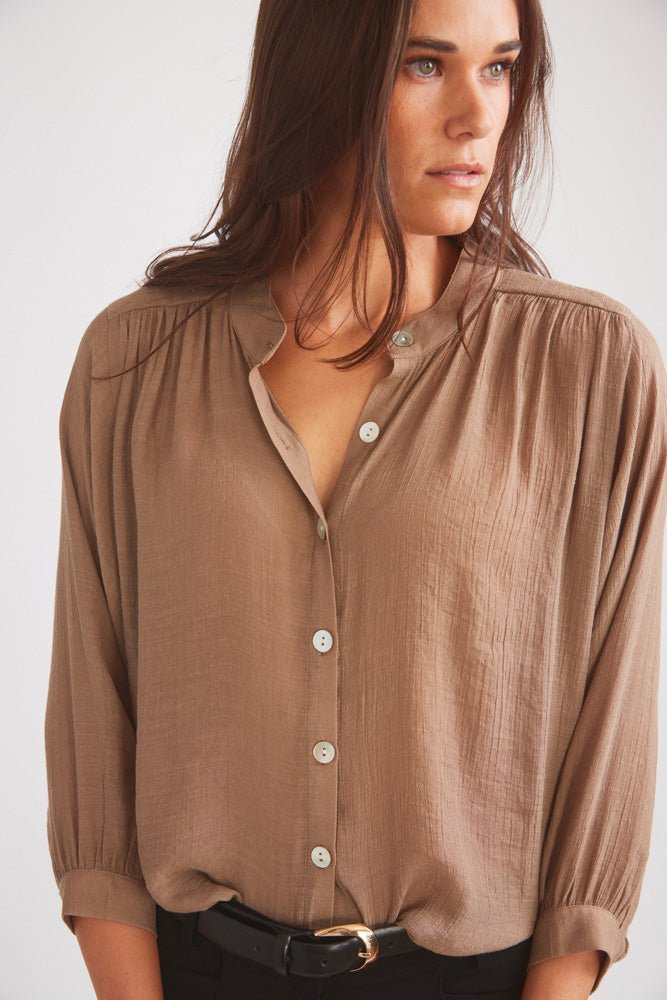 Solid Citizen Equestrian 'Lee' | Mandarin Collar Button Blouse | Toasted Almond - Equiluxe Tack