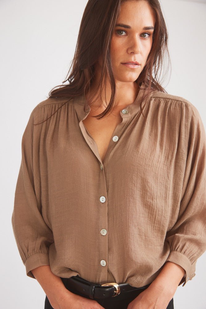 Solid Citizen Equestrian 'Lee' | Mandarin Collar Button Blouse | Toasted Almond - Equiluxe Tack