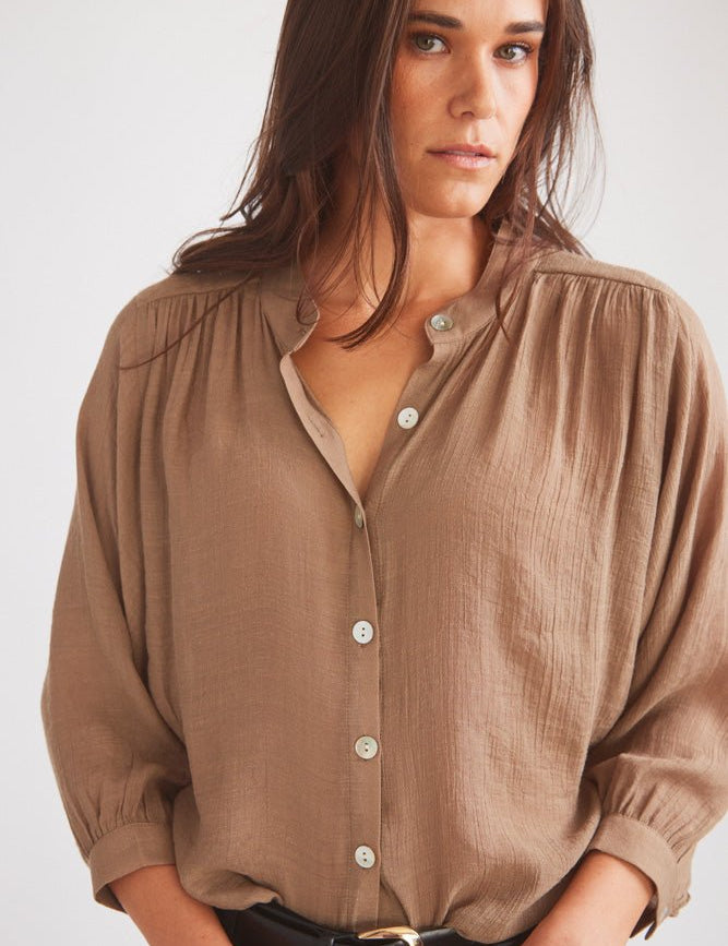 Solid Citizen Equestrian 'Lee' | Mandarin Collar Button Blouse | Toasted Almond - Equiluxe Tack