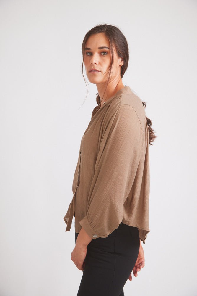 Solid Citizen Equestrian 'Lee' | Mandarin Collar Button Blouse | Toasted Almond - Equiluxe Tack