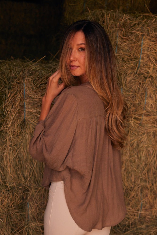 Solid Citizen Equestrian 'Lee' | Mandarin Collar Button Blouse | Toasted Almond - Equiluxe Tack