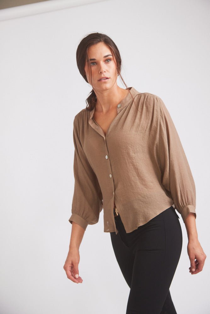 Solid Citizen Equestrian 'Lee' | Mandarin Collar Button Blouse | Toasted Almond - Equiluxe Tack