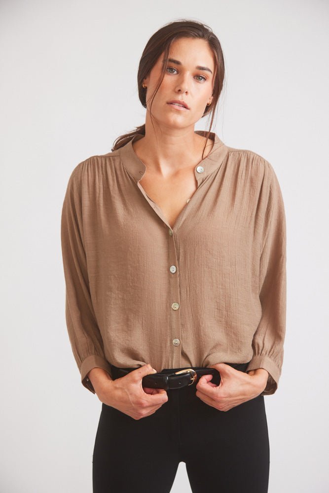 Solid Citizen Equestrian 'Lee' | Mandarin Collar Button Blouse | Toasted Almond - Equiluxe Tack
