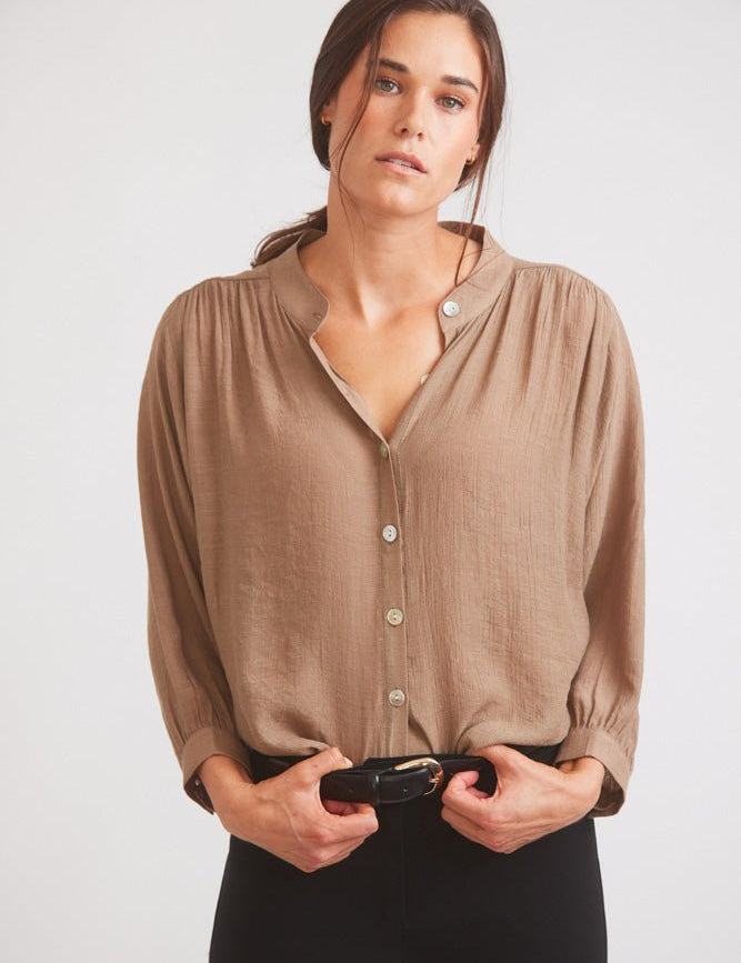 Solid Citizen Equestrian 'Lee' | Mandarin Collar Button Blouse | Toasted Almond - Equiluxe Tack