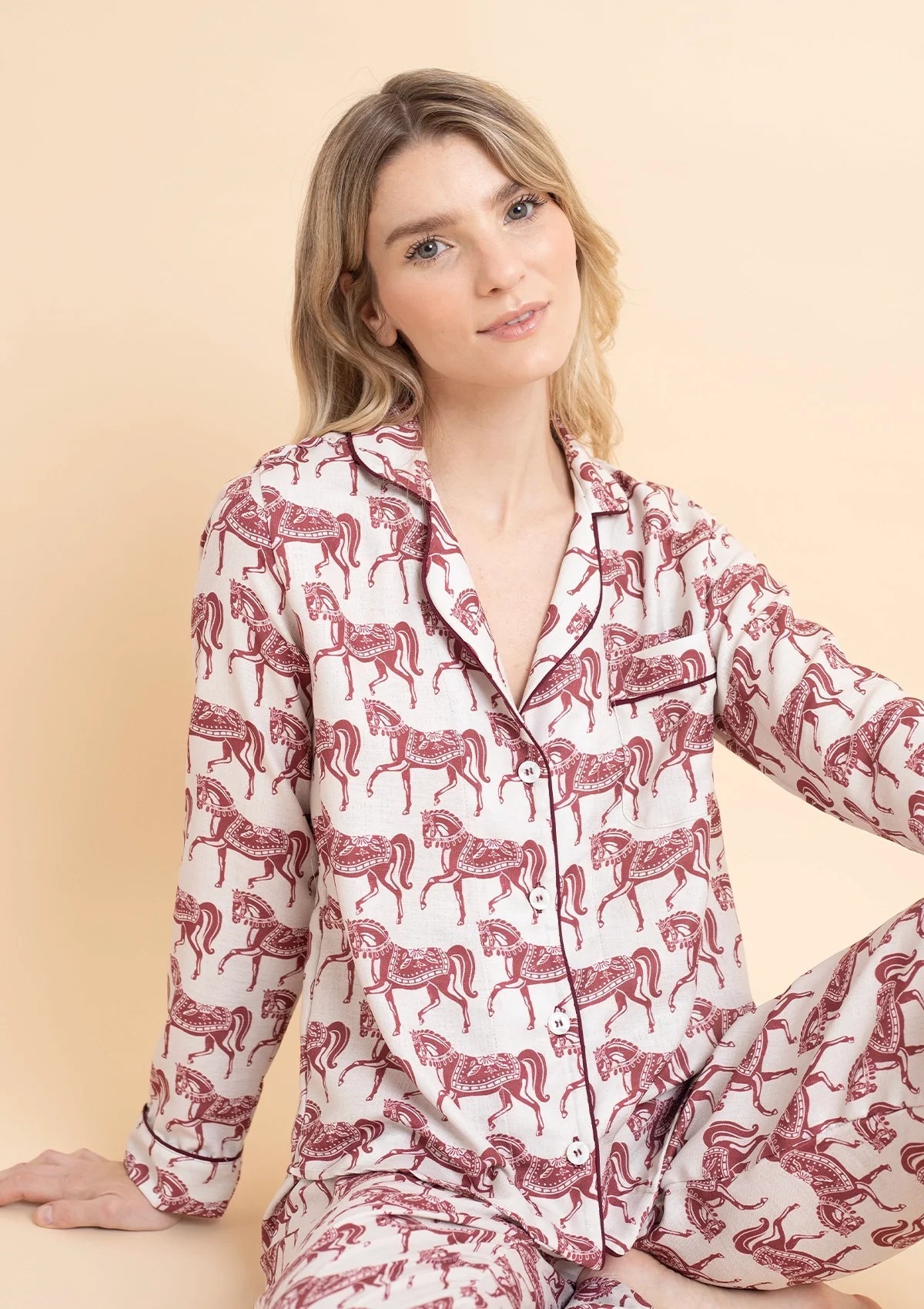 Whisper Long Sleeve PJ's | Blossomare Print | Crimson Cream | Equestrian Sleepwear Collection - Rönner - Equiluxe Tack