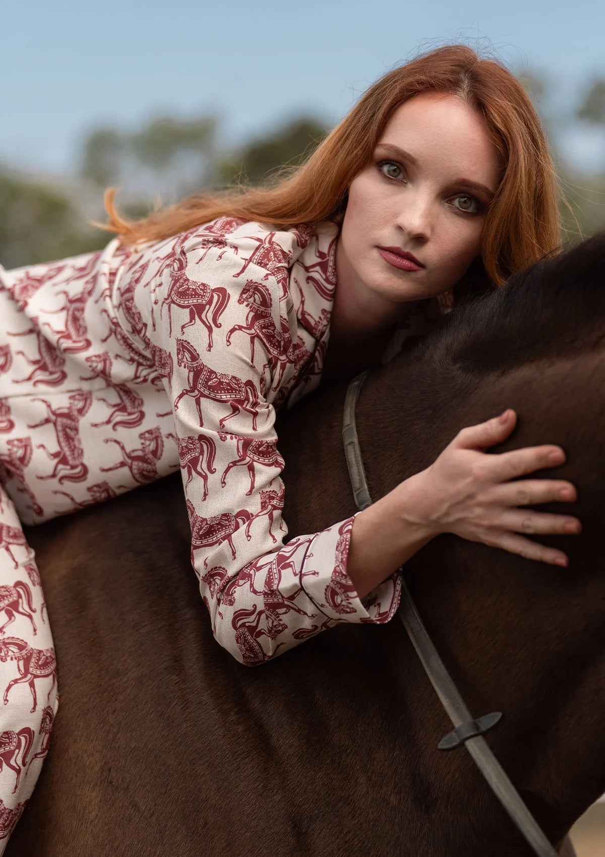 Whisper Long Sleeve PJ's | Blossomare Print | Crimson Cream | Equestrian Sleepwear Collection - Rönner - Equiluxe Tack