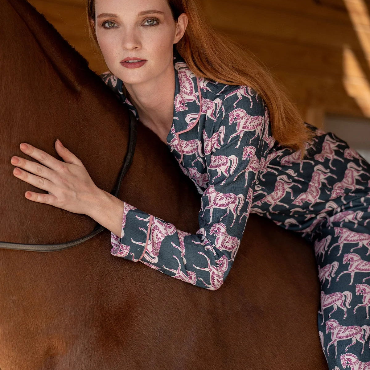 Whisper Long Sleeve PJ's | Blossomare Print | Green & Blush | Equestrian Sleepwear Collection - Rönner - Equiluxe Tack