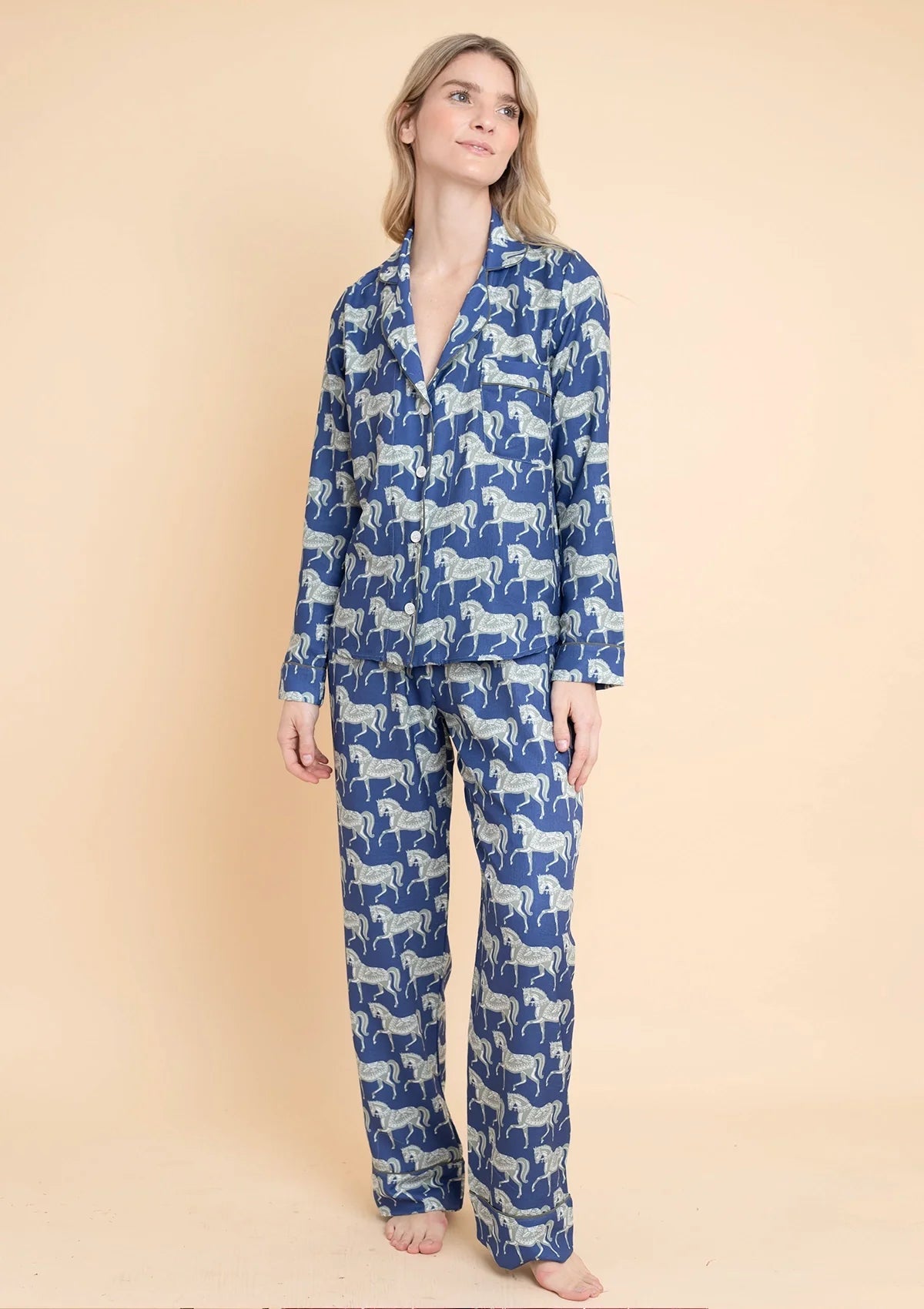 Whisper Long Sleeve PJ's Set | Blossomare Print | Navy & Green | Equestrian Sleepwear Collection - Rönner - Equiluxe Tack