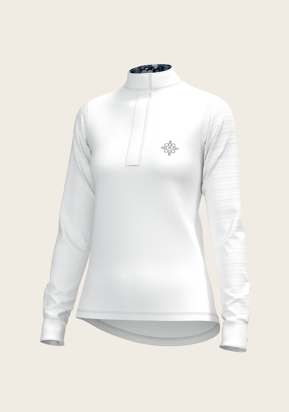  White with Forest on Navy Inner Details Long Sleeve Show Shirt - Espoir Equestrian - Equiluxe Tack