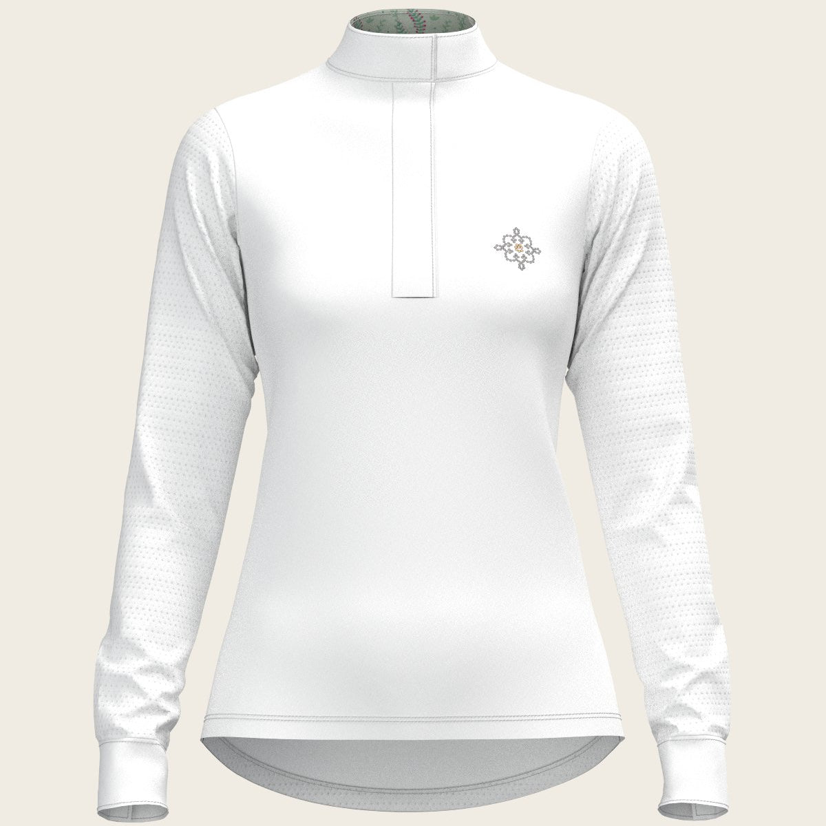  White with Rosettes in Lime Green Inner Details Long Sleeve Show Shirt - Espoir Equestrian - Equiluxe Tack