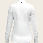  White with Rosettes in Lime Green Inner Details Long Sleeve Show Shirt - Espoir Equestrian - Equiluxe Tack