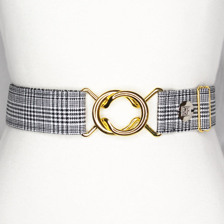 Black plaid belt with 1.5" bright gold interlocking buckle by KF Clothing