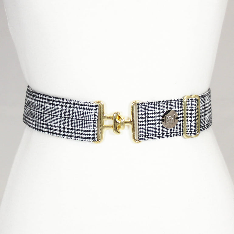 Black plaid belt with 1.5" gold surcingle buckle by KF Clothing