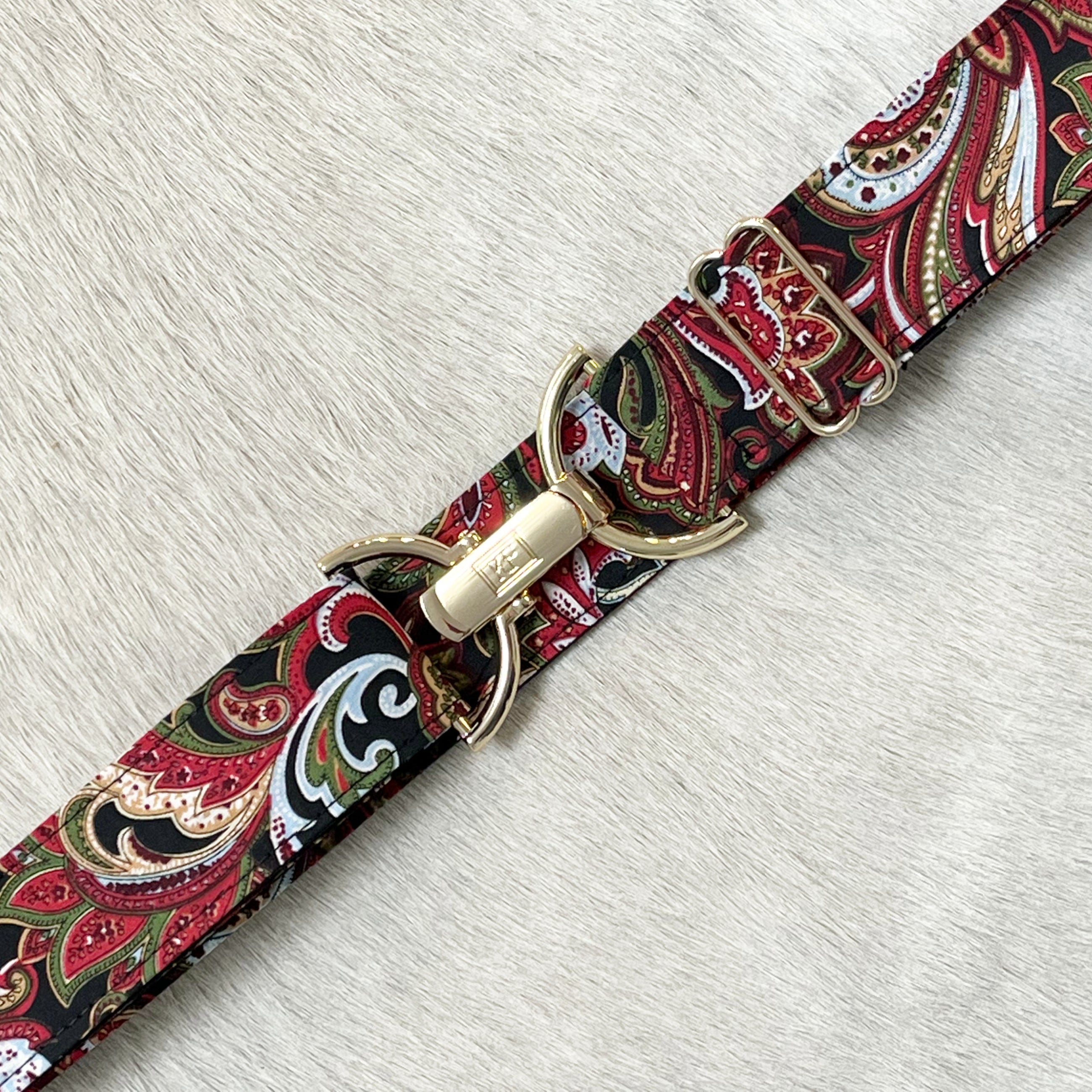 Deep red paisley belt with 1.5" gold clip buckle