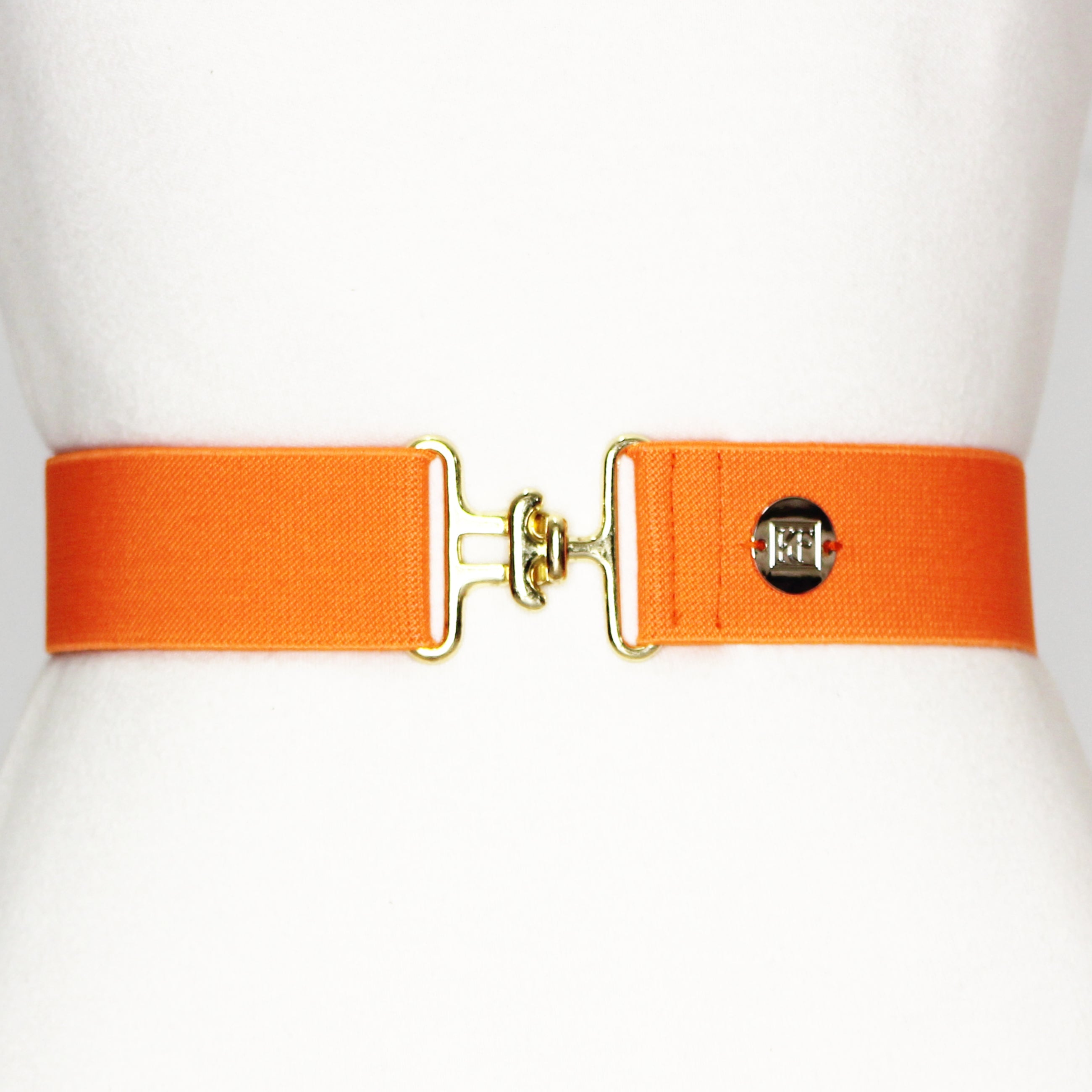 Orange elastic belt with 1.5" gold surcingle buckle by KF Clothing