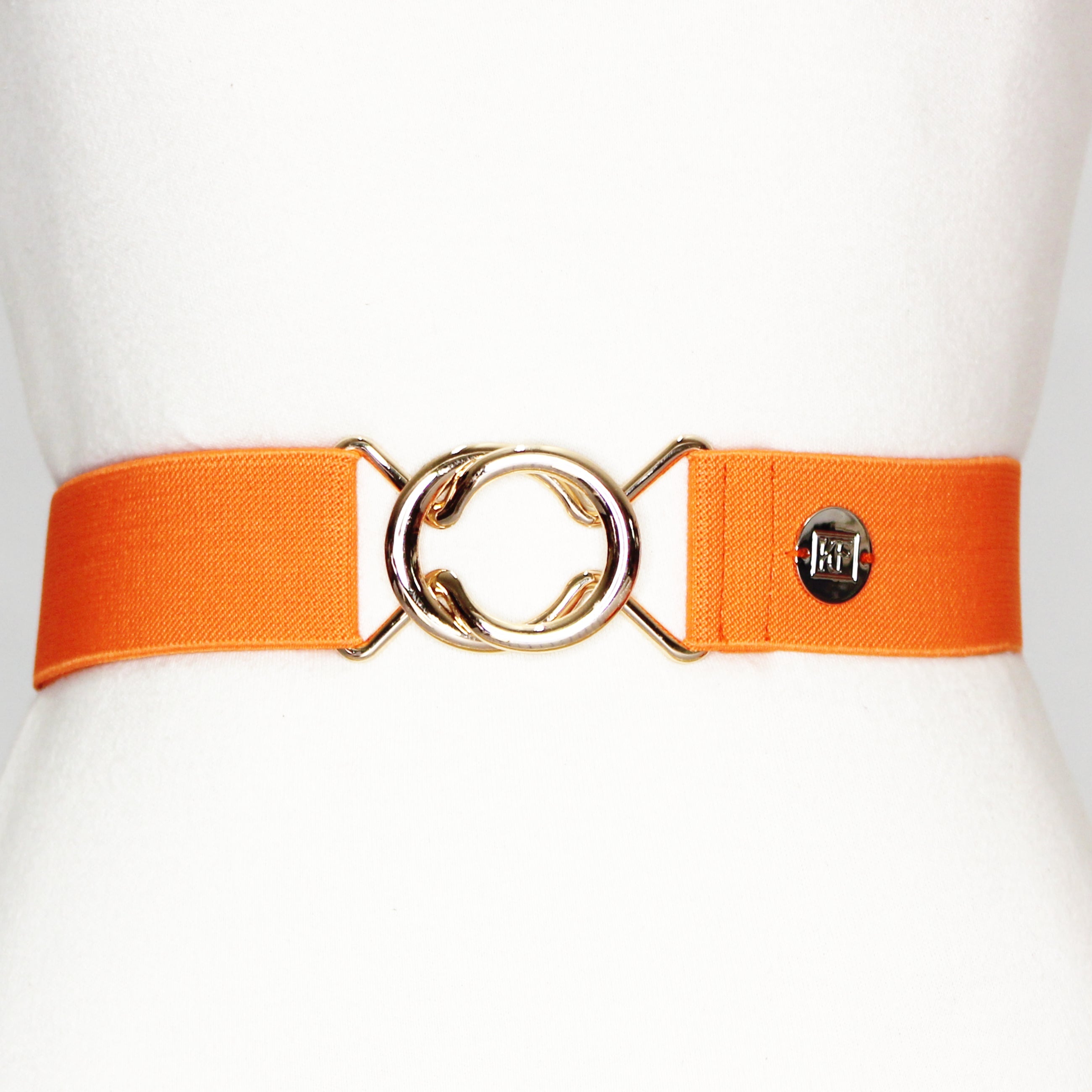 Orange elastic belt with 1.5" gold interlocking buckle by KF Clothing