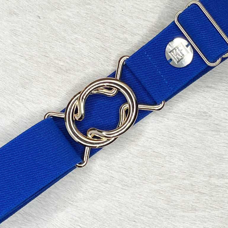 Royal Blue elastic belt with 1.5" gold interlocking buckle by KF Clothing