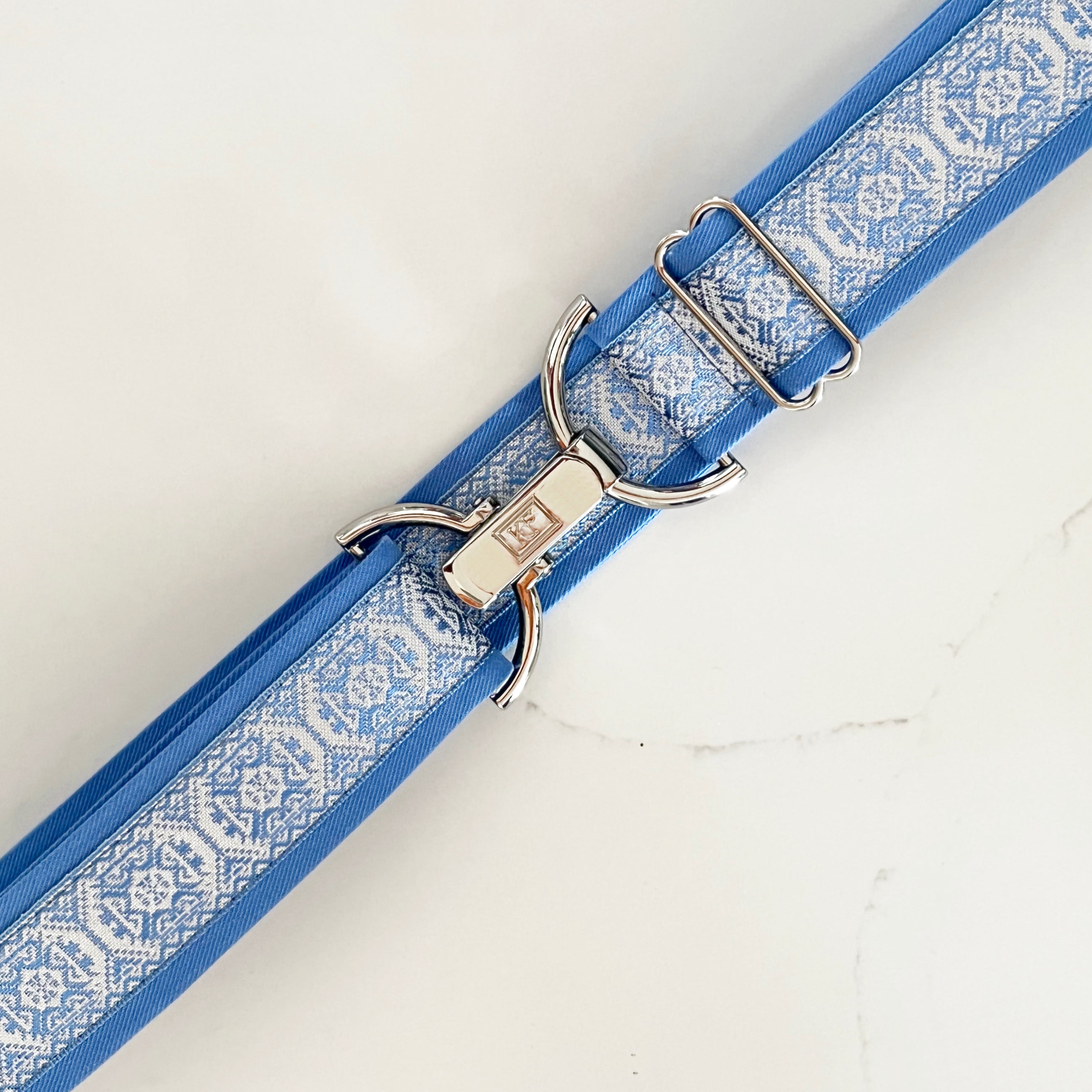 Shimmer blue belt with 1.5" silver clip buckle by KF Clothing