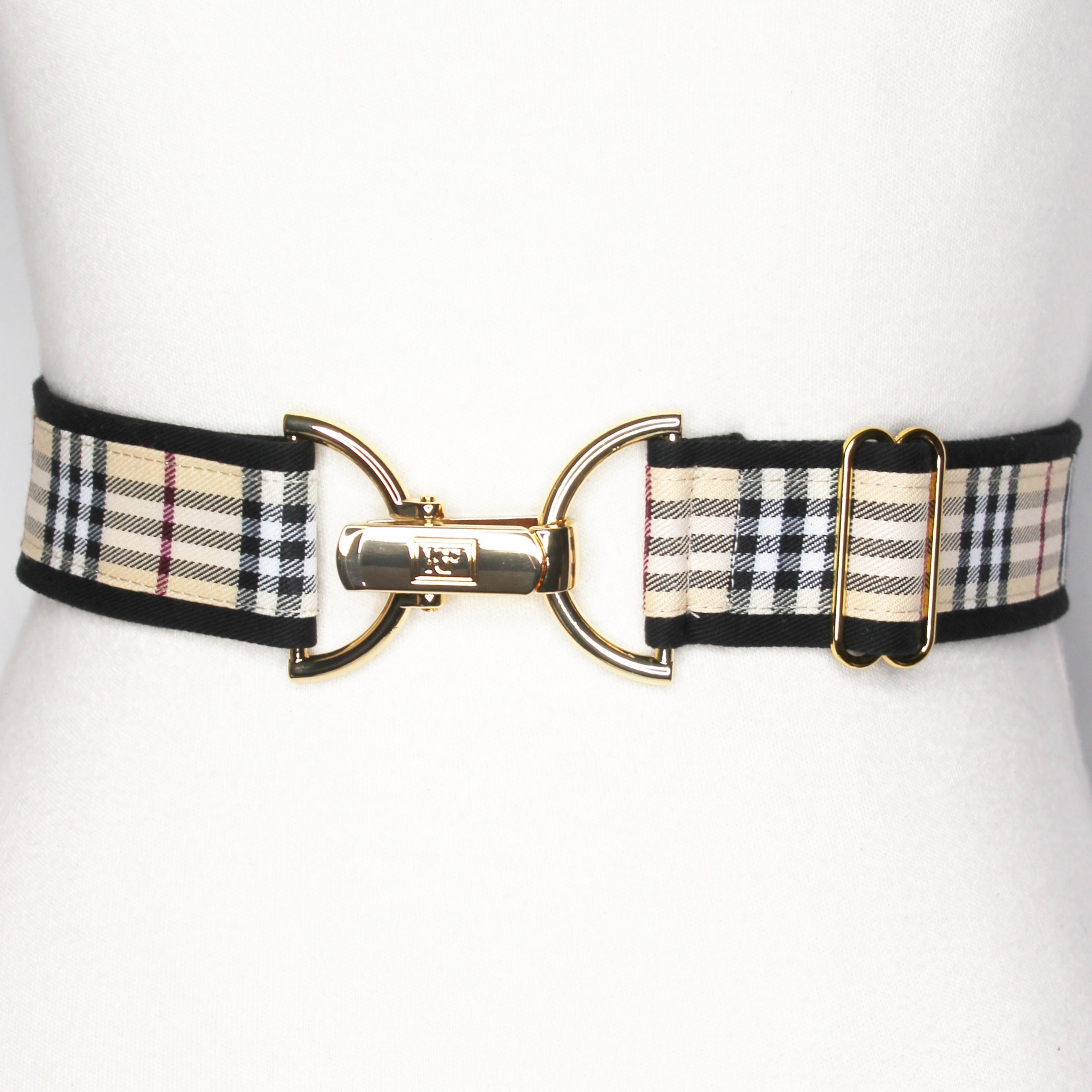 Tan plaid belt with 1.5" gold clip buckle by KF Clothing