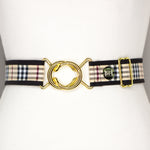 Tan plaid belt with 1.5" bright gold interlocking buckle by KF Clothing