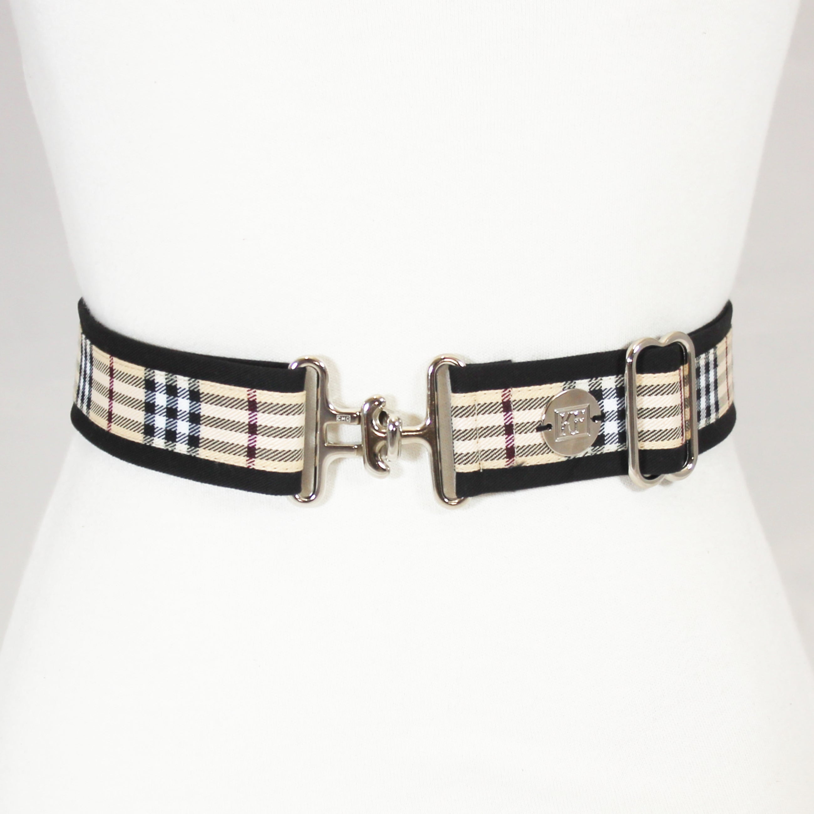 Tan plaid belt with 1.5" silver surcingle buckle by KF Clothing