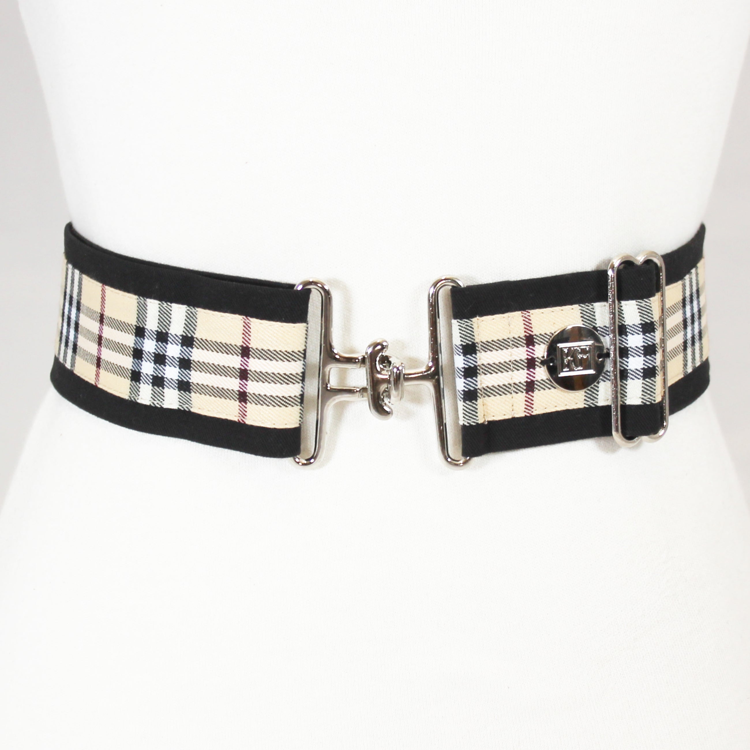 Tan plaid belt with 2" silver surcingle buckle by KF Clothing