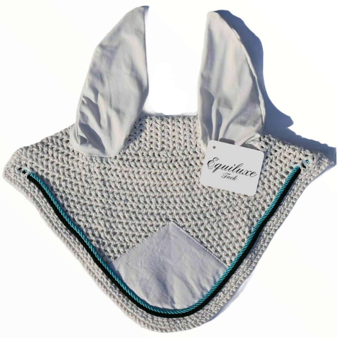White & Teal Fly Ear Veil Bonnet - Equiluxe Tack